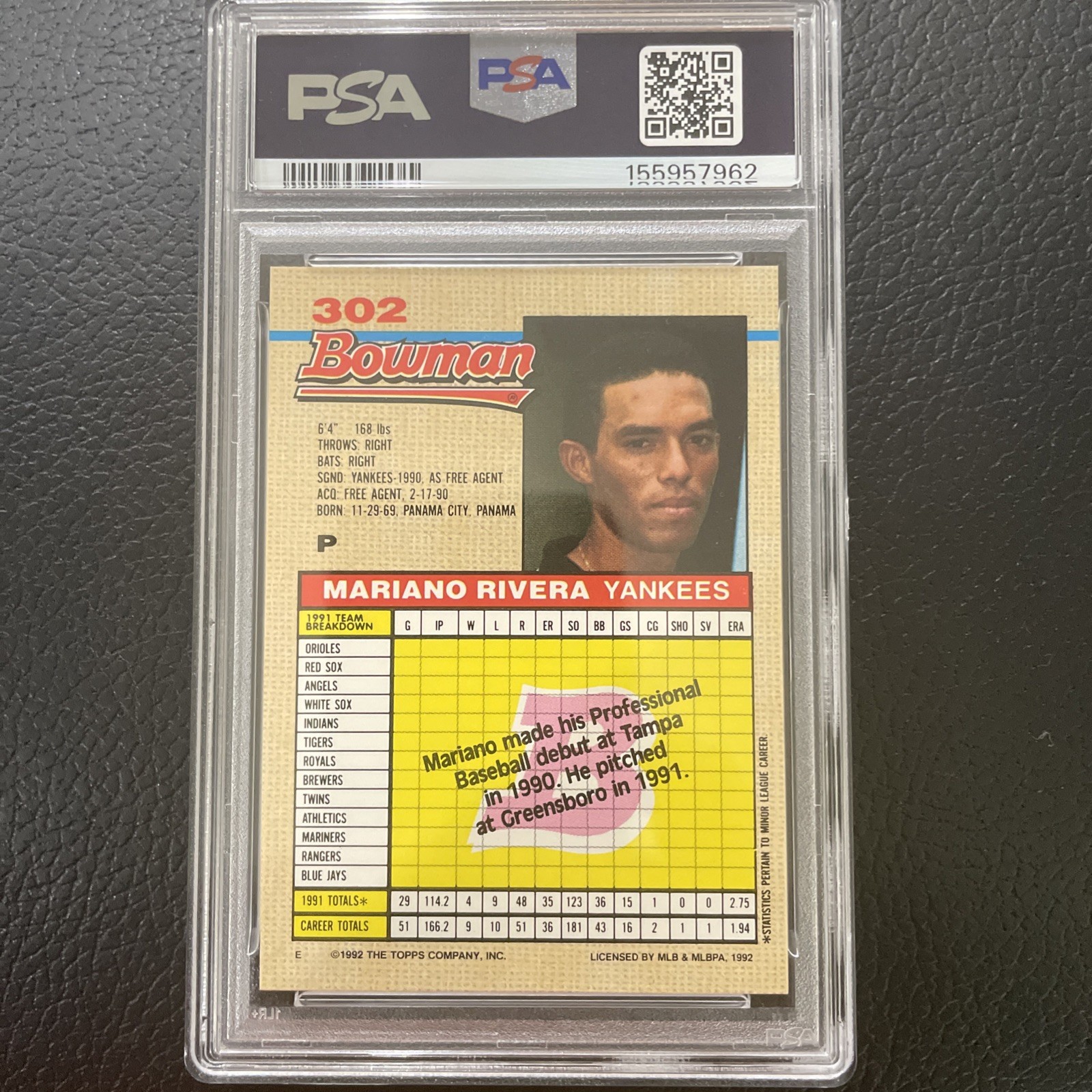 1992 BOWMAN MARIANO RIVERA ROOKIE RC #302 PSA 9 view 2