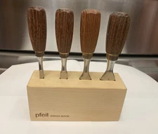 Set of 4 Pfeil Swiss Made Bevel Edge Butt Chisels- Wood Block  1/4, 1/2, 3/4, 1"
