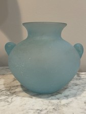 VTG Blue Satin Scavo Murano Glass Vase Double Handle Seguso Verti D'Arte Rare