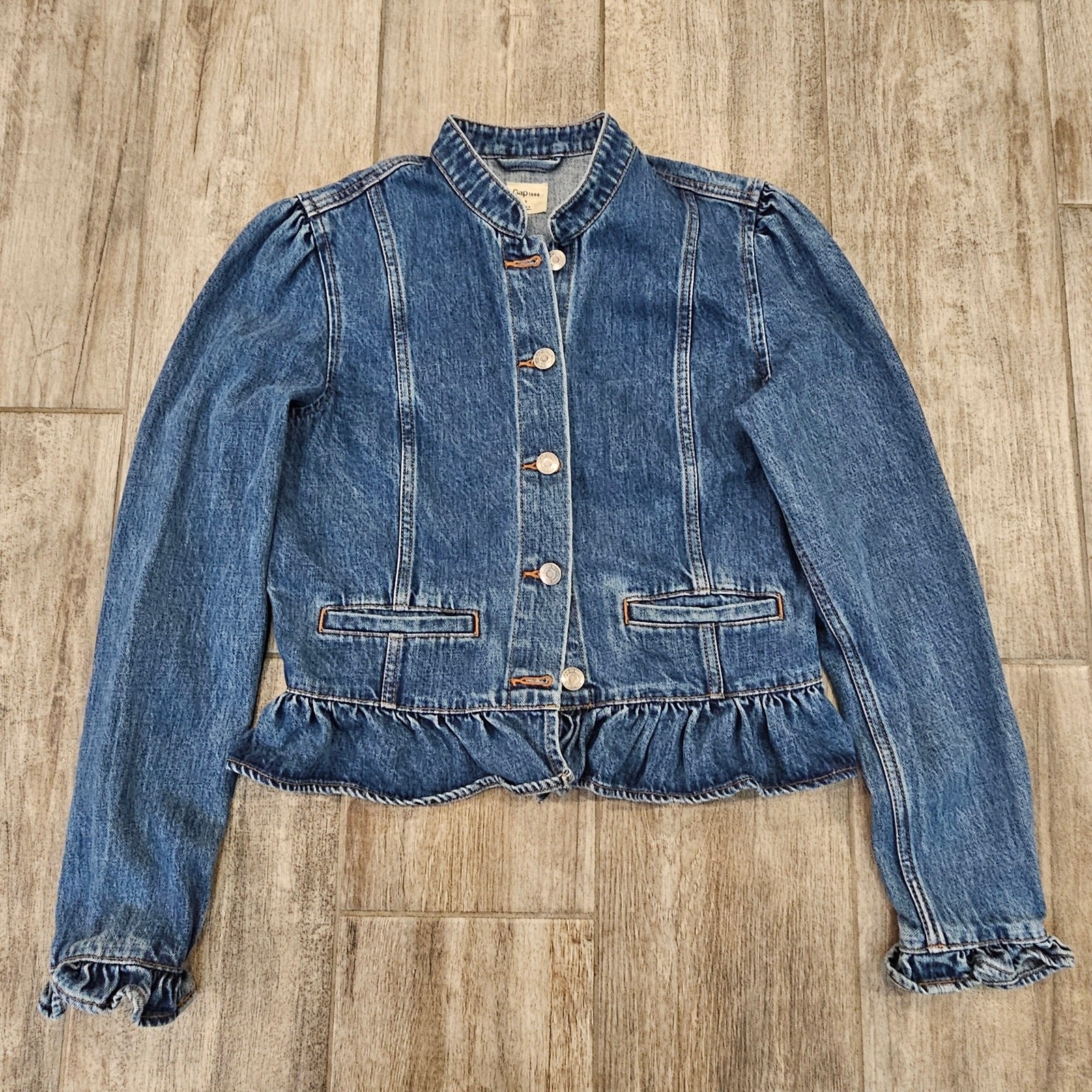 Gap Ruffle Denim Peplum Jacket Women’s Size S Cropped Feminine Romantic Casual