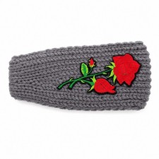 Womens Grey Knit Headband Red Rose Floral Embroidered Ear Warmer WT-510068
