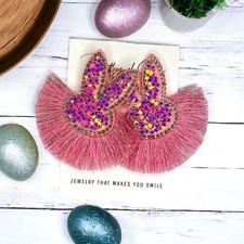 Sparkle Hop: Pink Glitter Tassel Bunny Earrings for a Dazzling Easter Easter