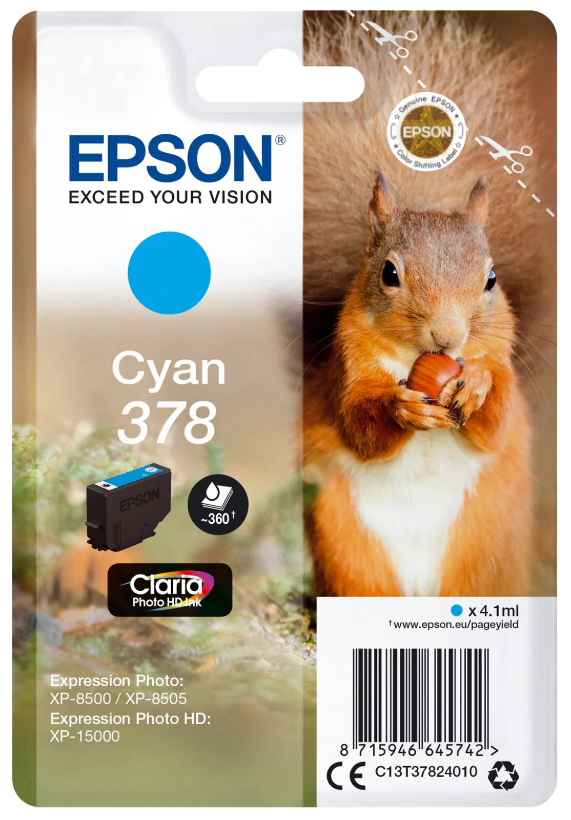 Epson 378 Cyan Squirrel Genuine, Claria Photo HD Ink Cartridge, Standard Capacity - Image 2