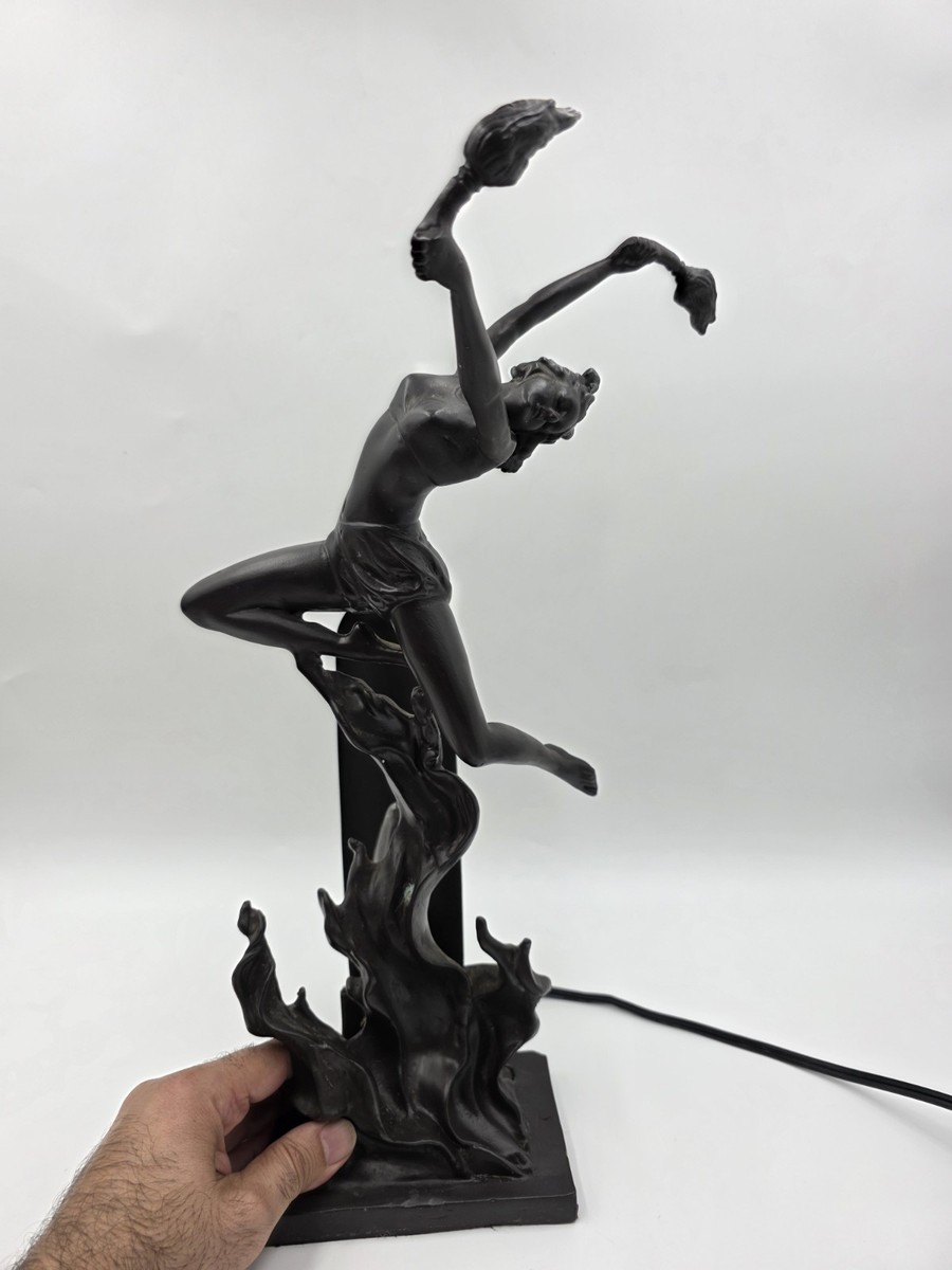 ANTIQUE ART DECO BRONZE STATUE SCULPTURE LADY FLAME LEAPER