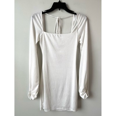 Lucy In The Sky Long Sleeve Bodycon Mini Dress White M Square Neck Tie Back