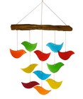 BIRDS OF A FEATHER GLASS WIND CHIME - GLASS AND WOOD BIRD WIND CHIME