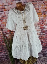 DRESS smock TUNIC eyelet pattern RICHELIEU Italy boho tassels WHITE 38 40 42