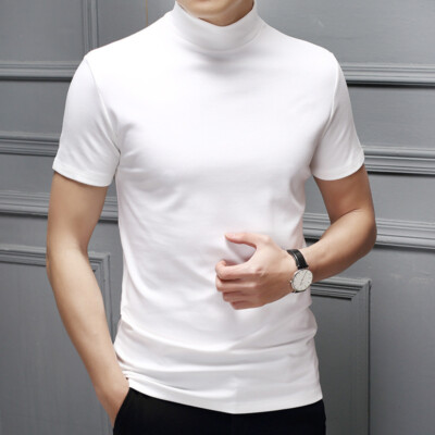 Men Half High Collar Mercerized Cotton Short Sleeve Slim Fit T-Shirt Solid Color