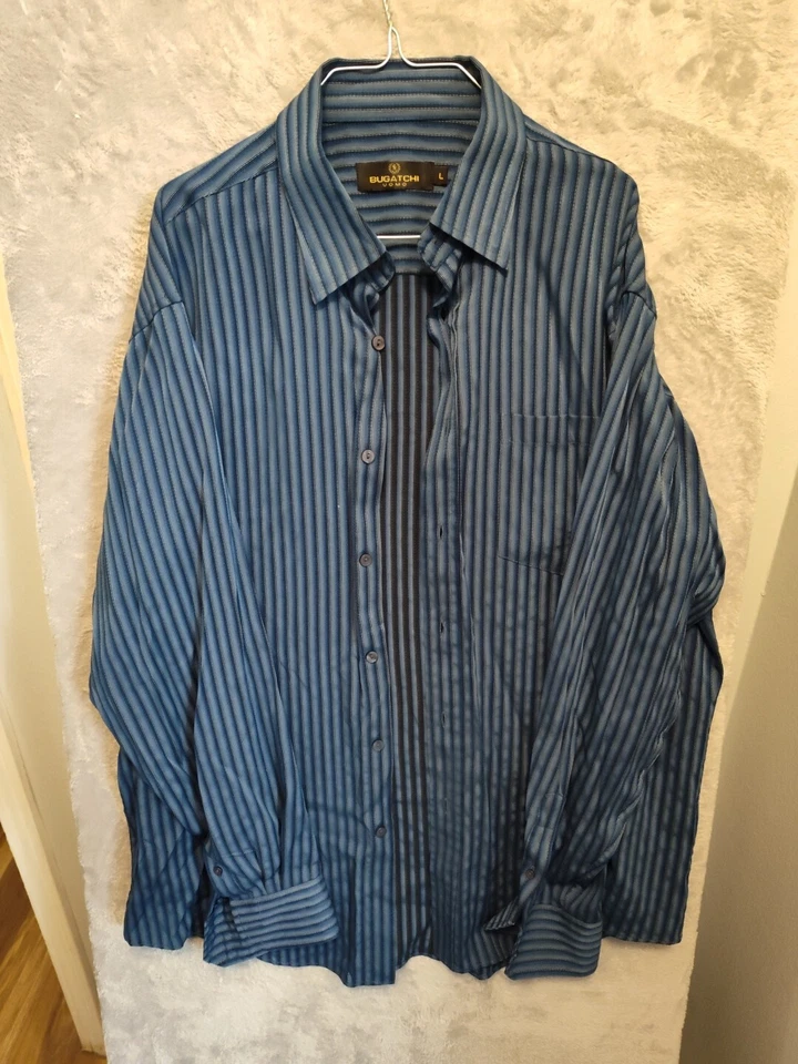 Bugatchi Uomo Classic Fit Men Size L Striped Rayon Long Sleeve Casual Shirt Blue - Image 3 of 4