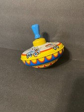 Vintage Ohio Art Tin Toy Spinner - Blue Handle Circus Design Metal Spinning Top