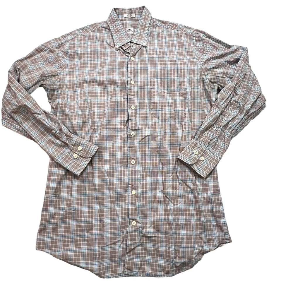 Camisa Peter Millar Para Hombre Mediana Marrón Azul A Cuadros Abotonada Manga Larga Foto 2 de 4