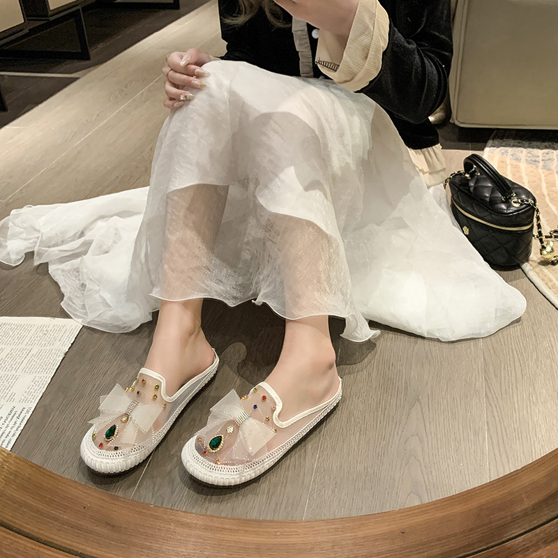 PANTOFOLA D’ORO Scarpe singole strass fiocco donna nuove testa tonda tacco basso pigre comode scarpe