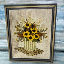 Crewel Sunflower Embroidered Completed Framed The Creative Circle Vintage