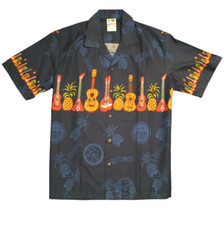 Vtg Hawaiian Togs Mens Shirt Guitars and Pineapples Aloha Navy Blue USA Sz L euc
