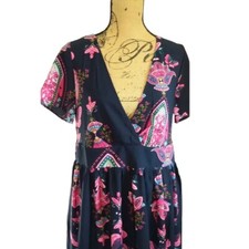 Rose Gal Womens 12 Maxi Dress Navy Blue Wrap Front Boho Short Sleeve Open Back