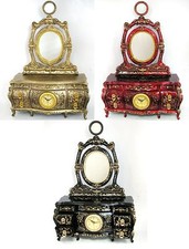 RED OR BLACK  WITH GOLD TRIM RESIN DRESSER FLORAL CLOCK,MUSICAL JEWELRY BOX