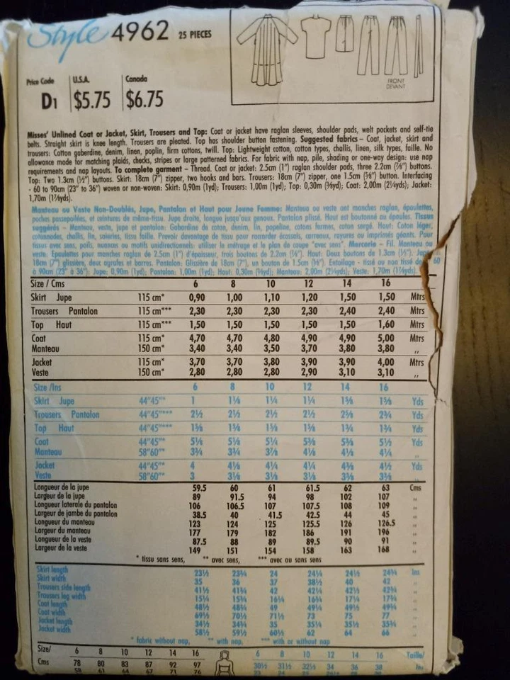 Style 4962 Misses Unlined Coat, Skirt, Trousers, & Top Pattern  Size 6-10 - Image 2 of 2