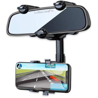 Rearview Mirror Phone Holder for Car 360° Rotating Rear View Mount with Adjus...