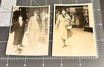 TWO 1940s Street Photographer Woman & Couple Man Woman Vintage Snapshot PHOTO