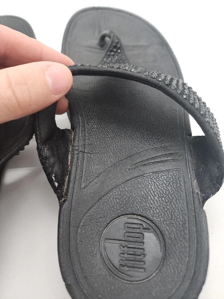 Fitflop Fit Flops Rokkit Leather Black Bling Toe-Post Sandals Slip On Women’s 6 - Image 3 of 4