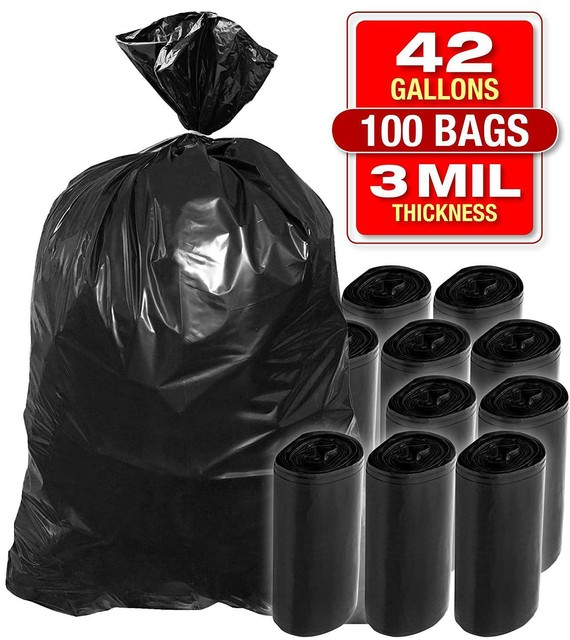 100Pk 3 Mil Contractor Trash Bags 42 Gallon Heavy Duty Black Garbage