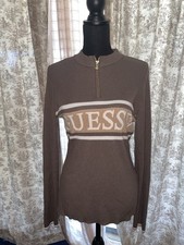 NWT Women  s GUESS LONG SLEEVE Pullover Jenie Half Zip Sweater Equestrian Brown