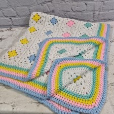 Vintage Handmade Afghan Baby Blanket 40"x40" Rainbow Border Granny Square