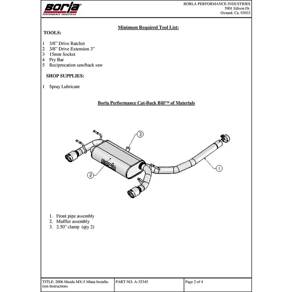 Borla 140169 S-Type Stainless Cat Back Exhaust for 2006-15 Mazda Miata MX-5 2.0L - Image 4 of 4