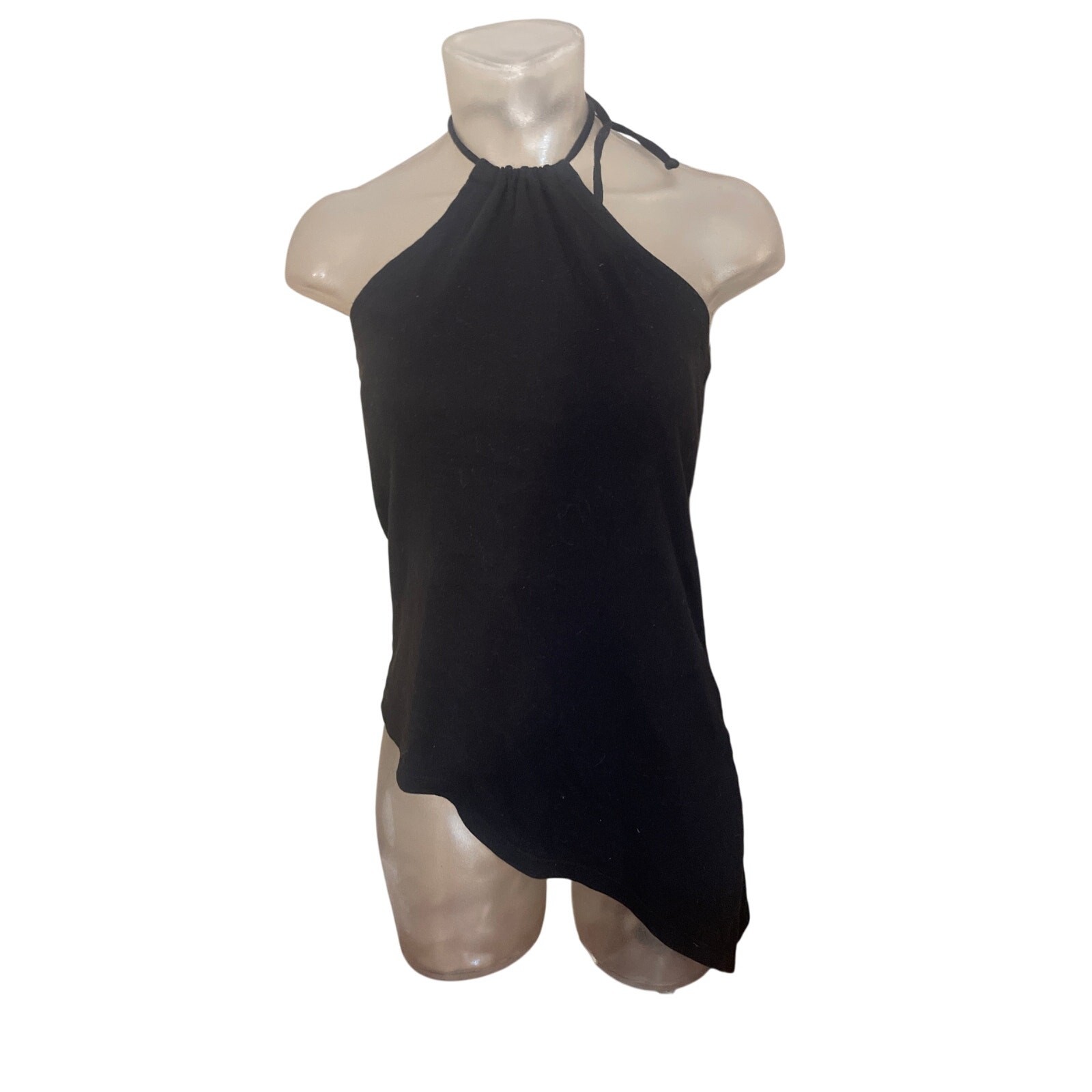 Vintage Y2K MODA International Black Asymmetrical Halter Top 100% Cotton Small S