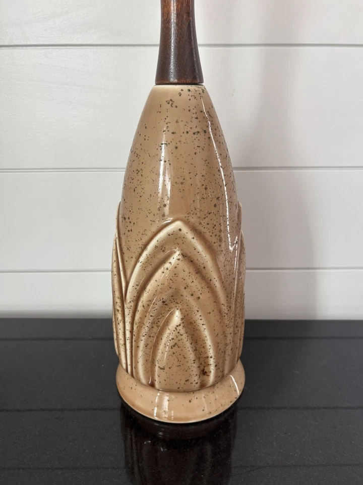 Vintage MCM Ceramic Retro Table Lamp Brown Art Pottery 24"H Wood Desk Mini Light - Image 3 of 4