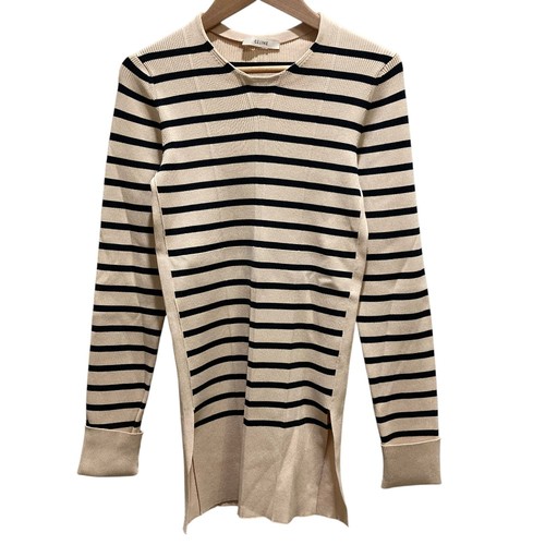 CELINE Phoebe Philo era striped ribbed knit top, M, beige and black. Women USED