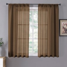 Short Sheer Curtains Linen Textured Bedroom Curtain Sheers 54"W x 45"L Brown