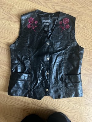 Live-Ride-Rock Buffalo Leather Women's Black Embroidered Button Vest XL