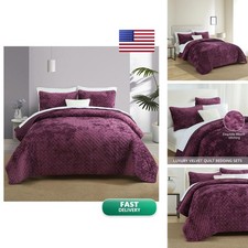 Liians Velvet Quilt Coverlet Bedding Set King Size Purple