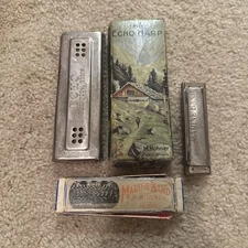 Vintage Harmonica M Hohner Echo Harp, Made In Germany & Marine Band Original Box