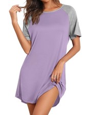 Bamboo Viscose Sleep Shirt for Women - Short Sleeve Lilac Nightgown Medium