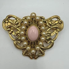 Vintage Hair Barrette Pink Cabochon Faux Pearls Made in France Art Nouveau Style