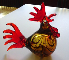 Murano style art glass Rooster Hand Blown brown swirl base with red