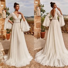 Boho A-Line Wedding Dresses V Neck Long Flare Sleeves Lace Applique Bridal Gowns