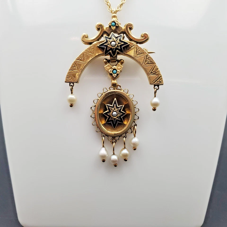 Estate Solid Yellow Gold Pearl, Turquoise & Black Enamel Set 14k Necklace / Pin - Image 2 of 4