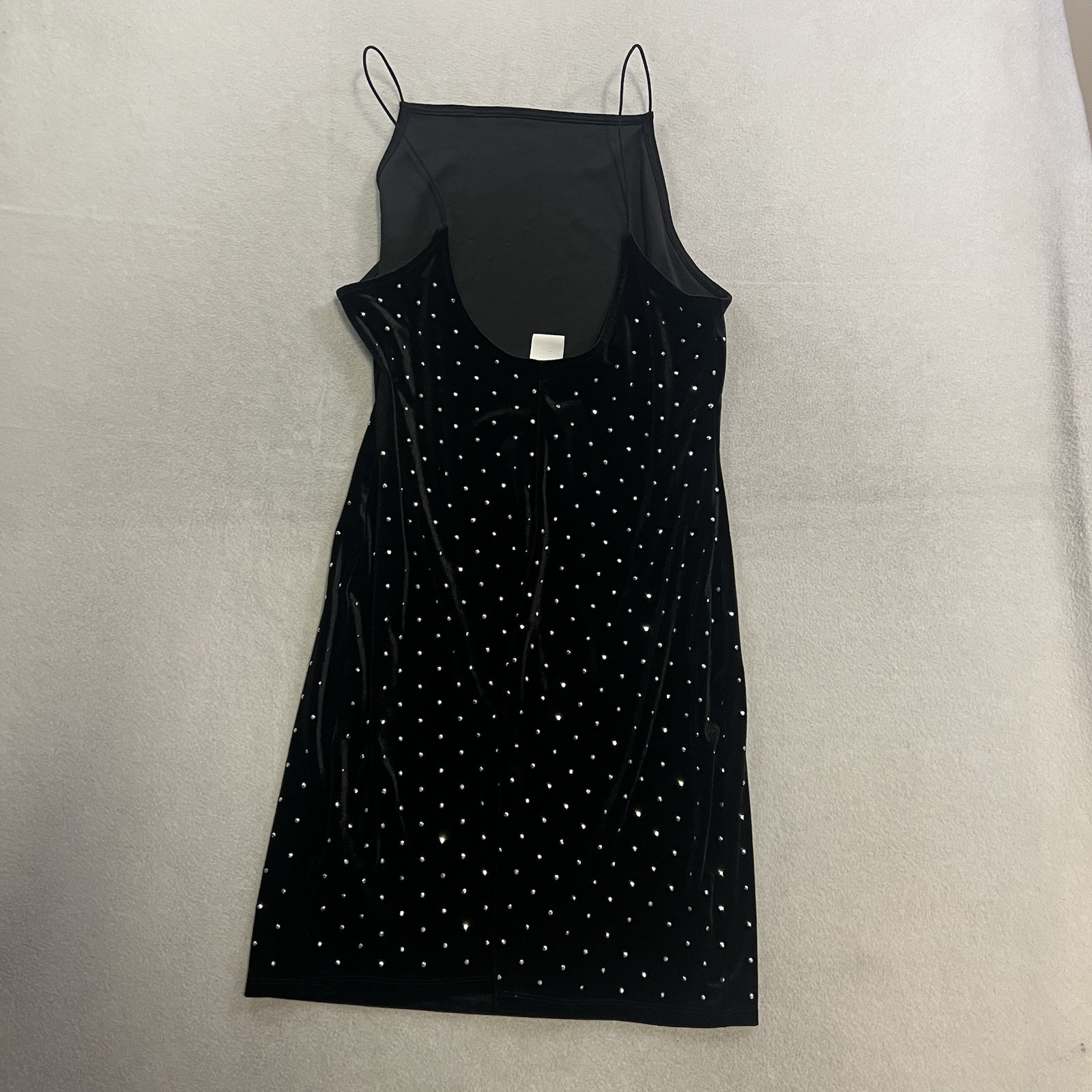 H&M Black Velvet Dress Sleeveless Rhinestone Mini Spaghetti Strap Large NWT thumbnail 2