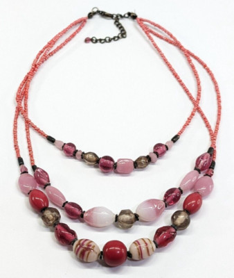 Pink & White Glass & Acrylic Beaded Seed Bead Multi Strand 18'' Necklace