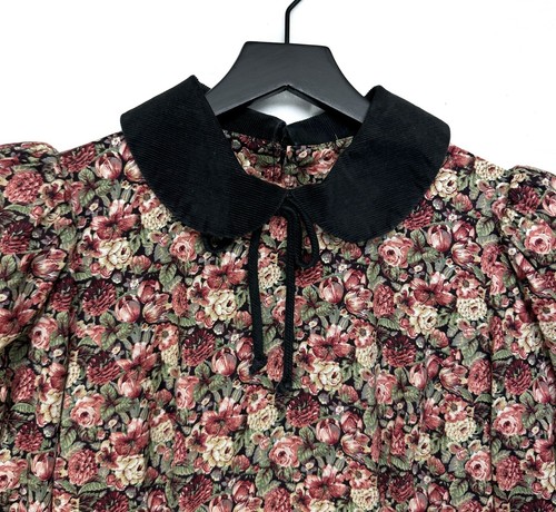 80s Go Vicki! Dress 3/4 Black Floral Drop Waist 3/4 Puff Sleeves Cotton Vintage - Picture 8 of 12