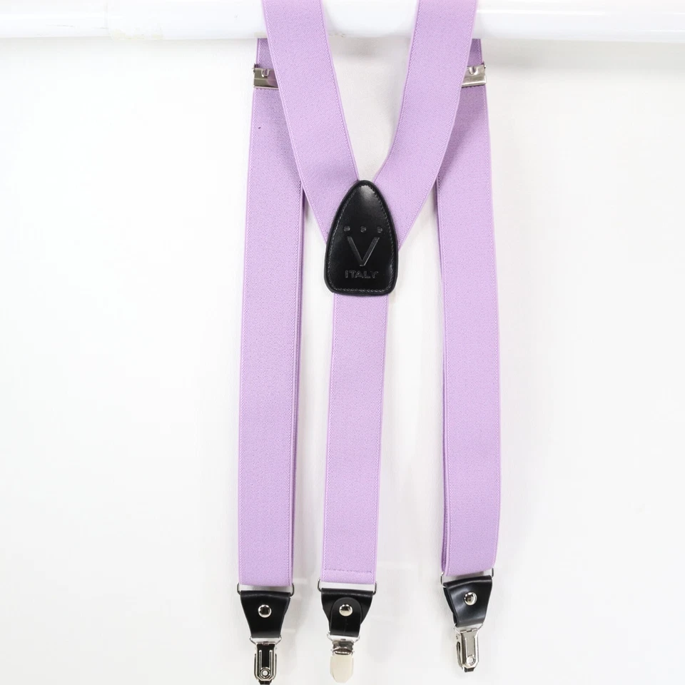 Italian Suspenders Mens 48 in Lavender Black Y Back Button Clips Leather Stretch - Image 2 of 4