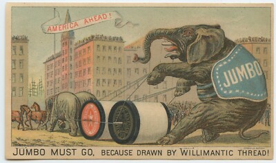 Victorian Trade Card JUMBO MUST GO BECAUSE DRAWN BY WILLIMANTIC THREAD
