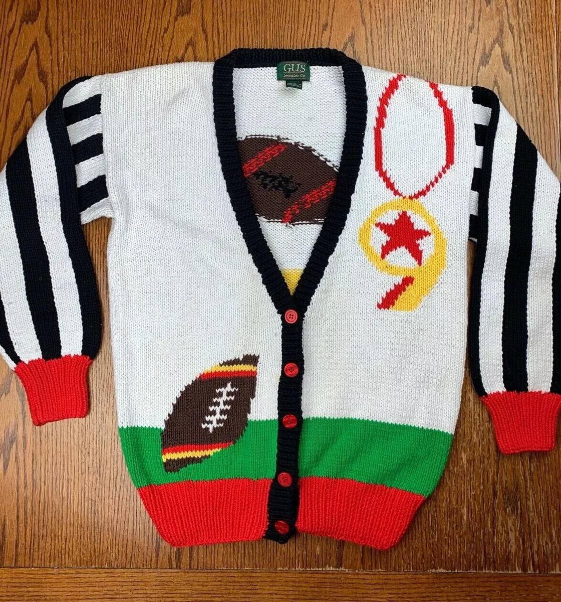 Vintage Gus Sweater Co NFL Football Hand-knit Hand Made Cardigan Sweater Sz  L