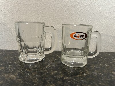 Vintage Set Of 2 Different A&W Root Beer 3-1/8  Heavy Glass Mini Mugs