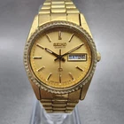 Seiko SQ Watch Women 25mm Gold Dial Gold Tone Daydate Round 2A23-0039 NewBat VTG