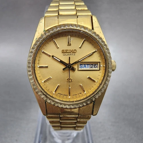 Seiko SQ Watch Women 25mm Gold Dial Gold Tone Daydate Round 2A23-0039 NewBat VTG