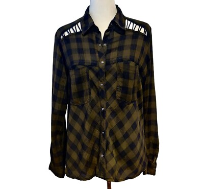 Free People Womens Brown Black Plaid Criss Cross Cut Outs Snaps Hi Lo Top S
